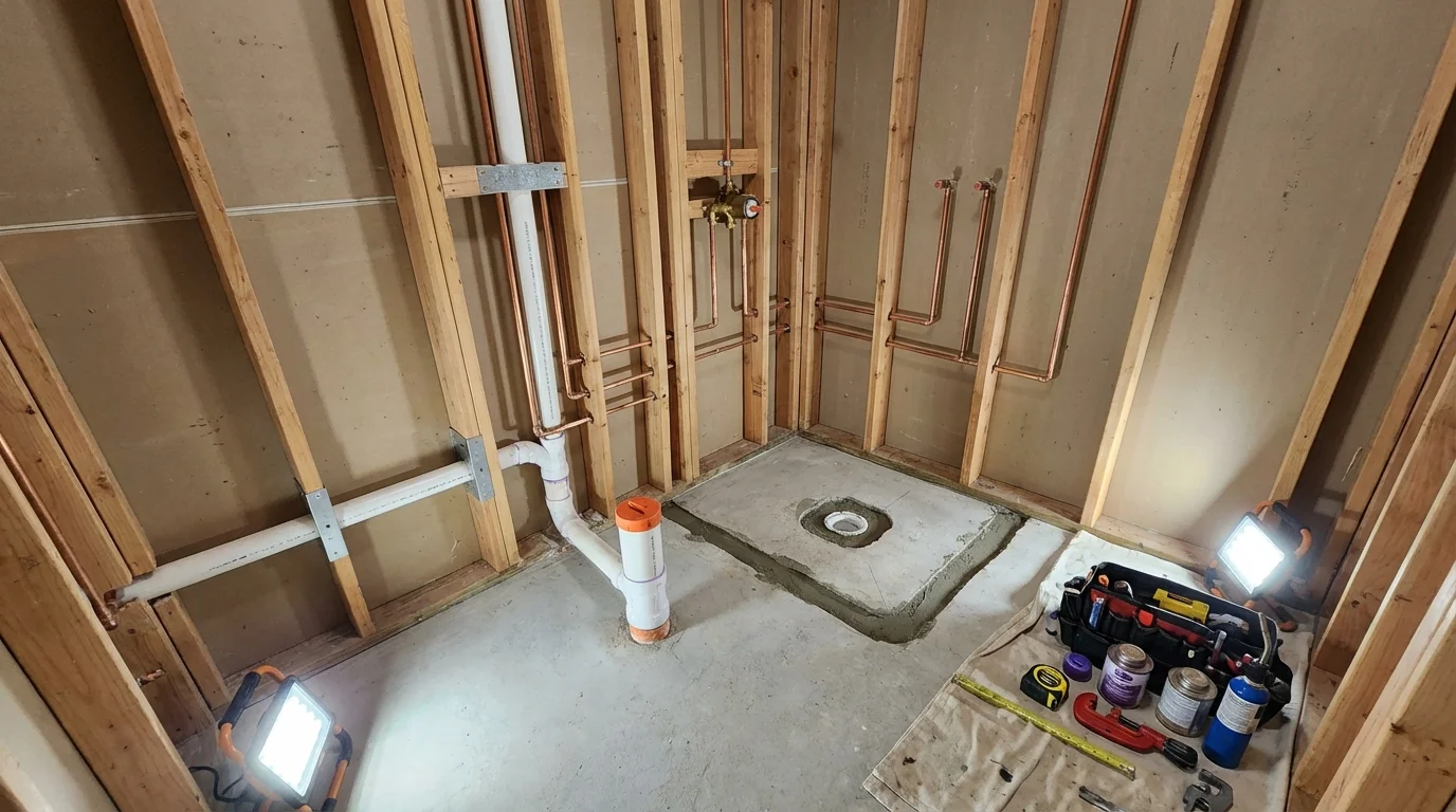 Bathroom rough-in plumbing during remodel by Johns Plumbing LLC in Jaffrey