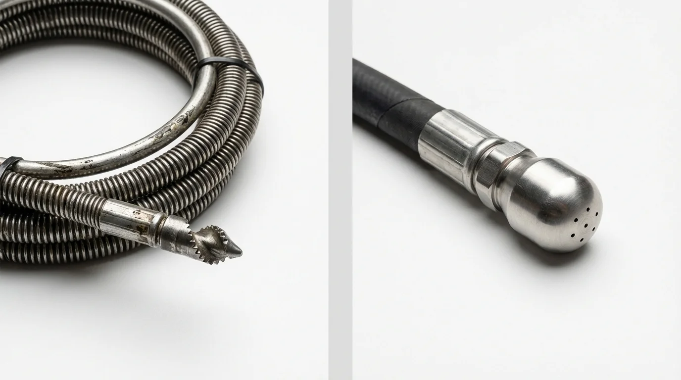 Drain snake cable and hydro jetting nozzle used for drain cleaning in Jaffrey, NH