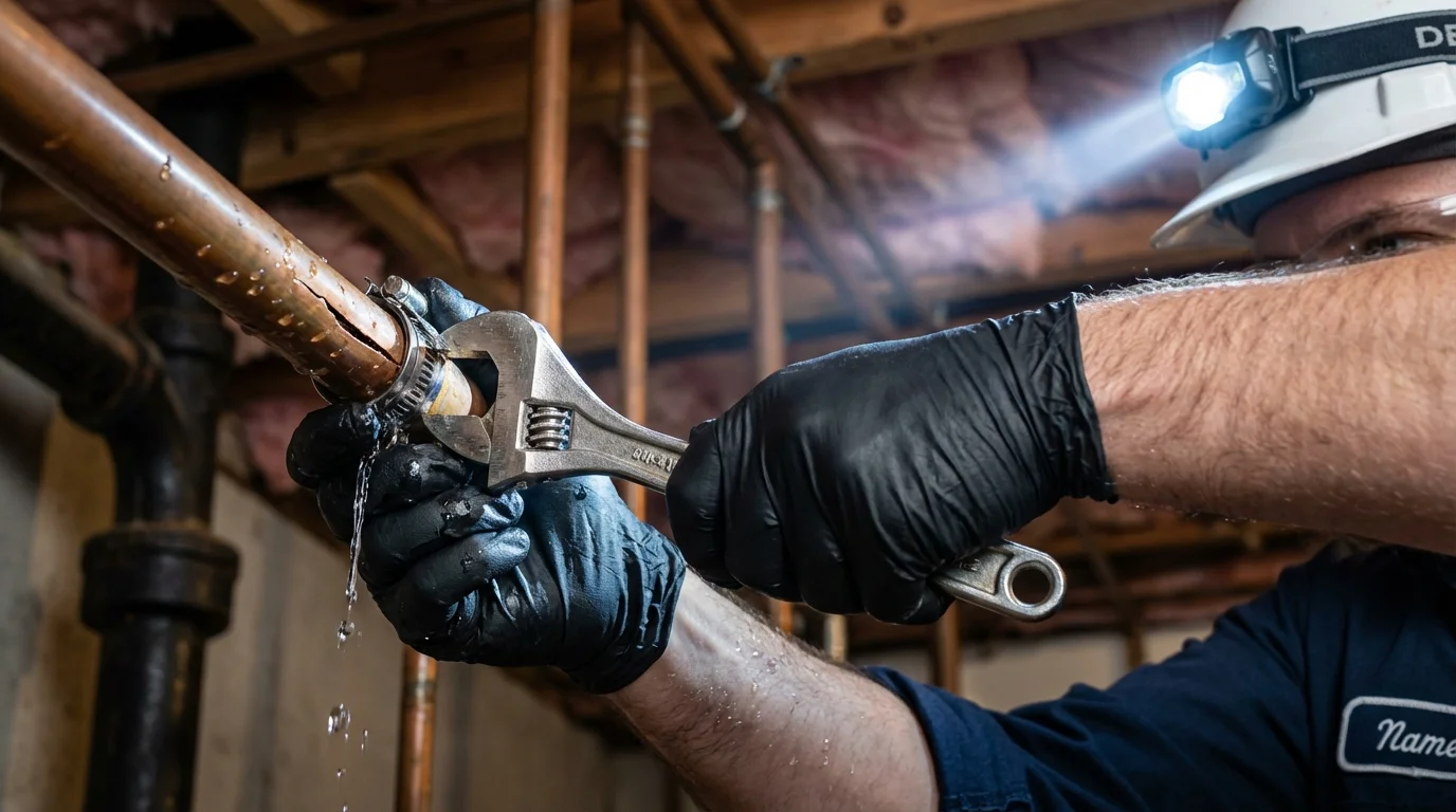 Emergency pipe clamp repair being performed by a Johns Plumbing LLC plumber in Jaffrey