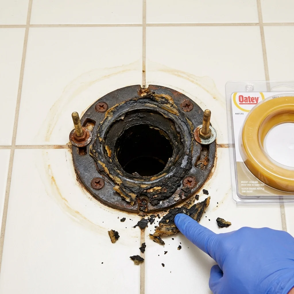 Failed wax ring showing water seepage at the base of a toilet in a Jaffrey, NH home