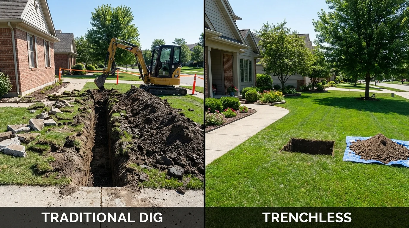 Trenchless sewer repair with minimal yard damage versus traditional excavation in Jaffrey, NH