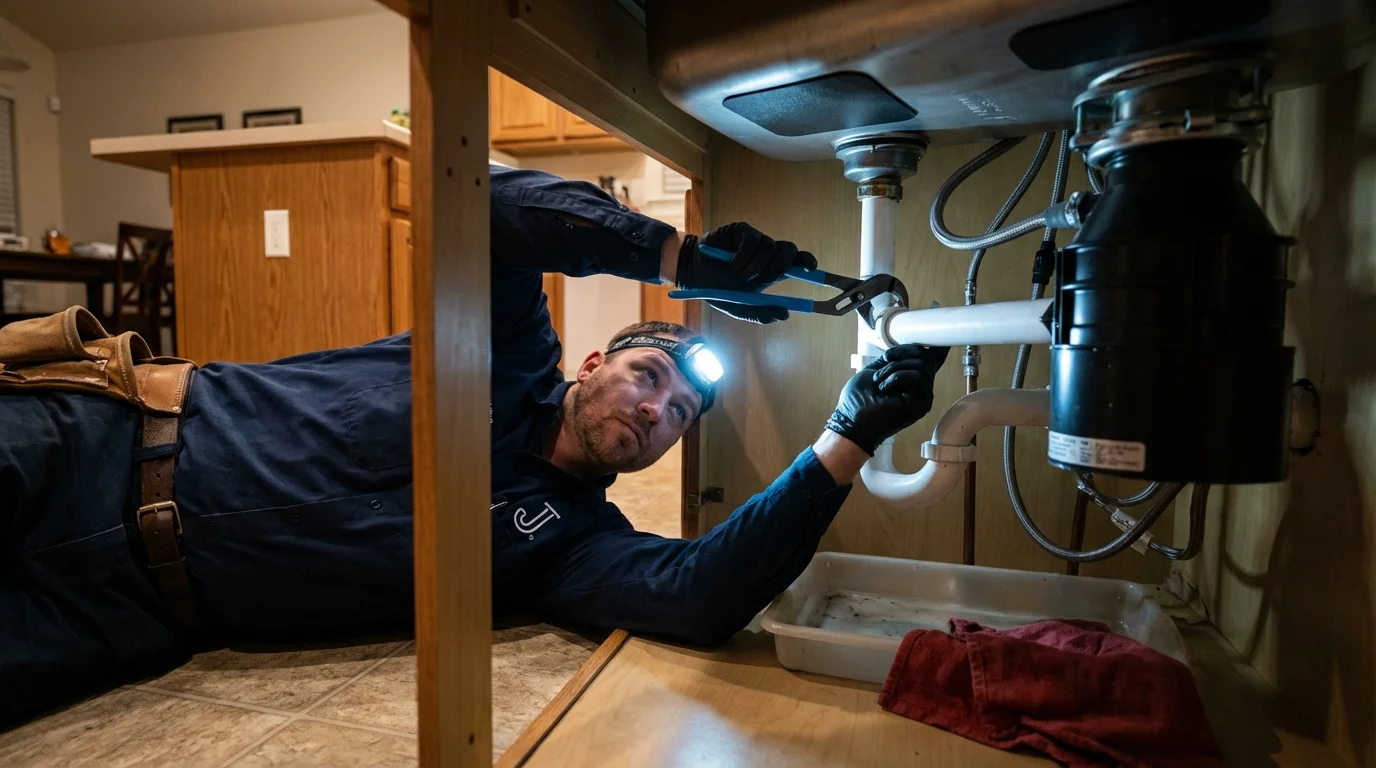 P-trap and supply line connections under a kitchen sink showing a common leak point in Jaffrey, NH